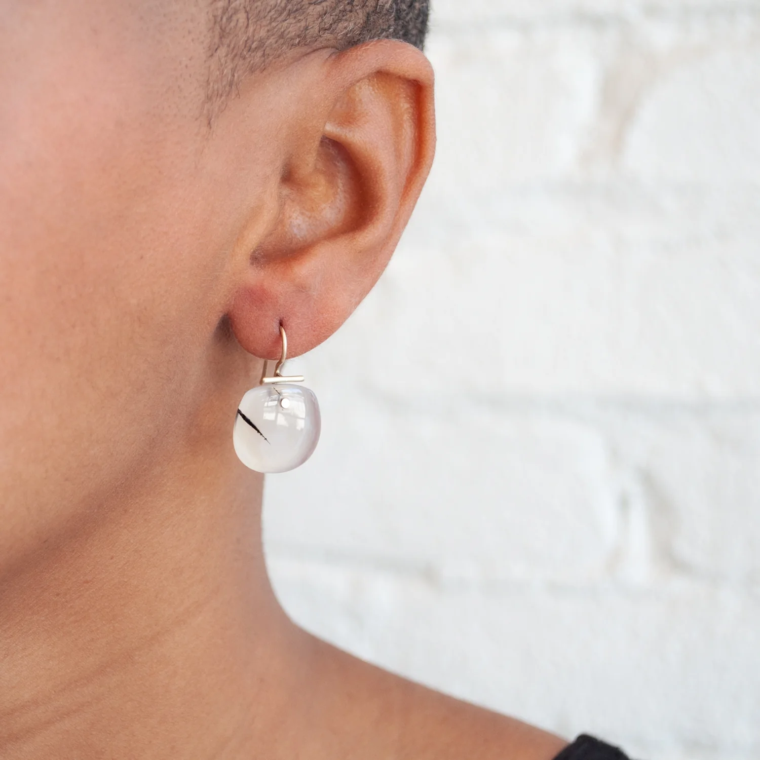 Large Light Agate Shield Kiku Earrings - Image 2